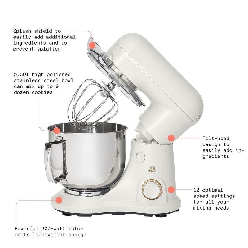 Beautiful 5.3 QT Stand Mixer w/ Flat Beater, Dough Hook by Drew Barrymore White3