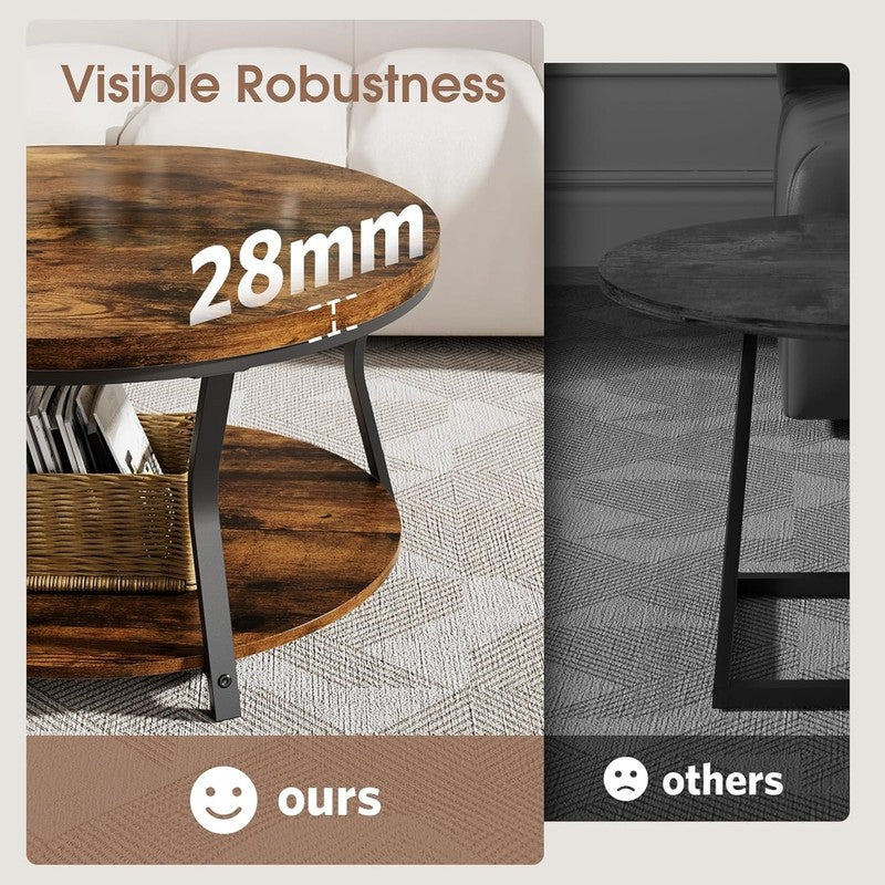 Round Coffee Table 2 Tier Industrial Wood Metal Frame 31.5in Rustic Brown4