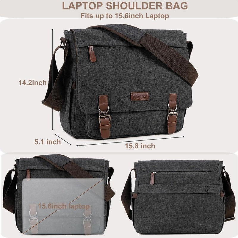 Canvas Messenger Bag 15.6" Laptop Satchel Shoulder Bag Business Unisex Black1