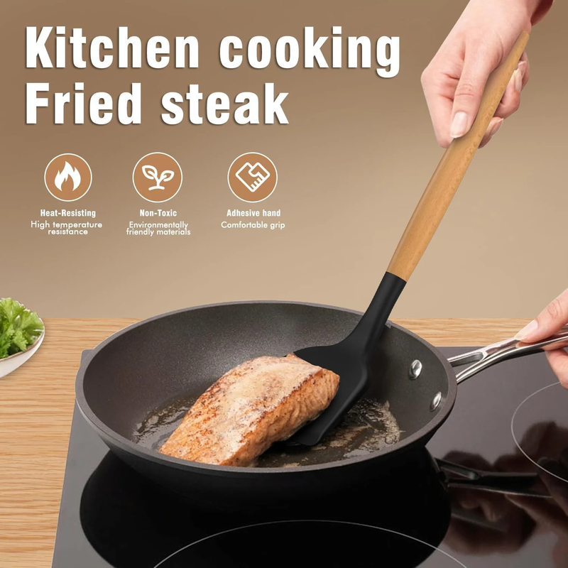 Silicone Kitchen Utensil Set Wooden Handle Holder Heat Resistant Black5