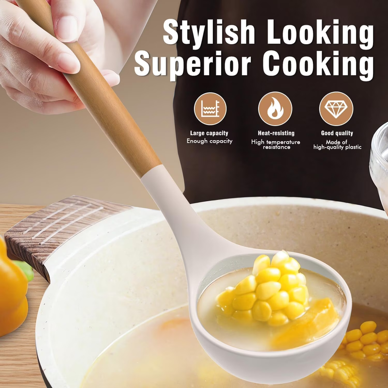Silicone Kitchen Utensil Set Wooden Handle Holder Heat Resistant Khaki7