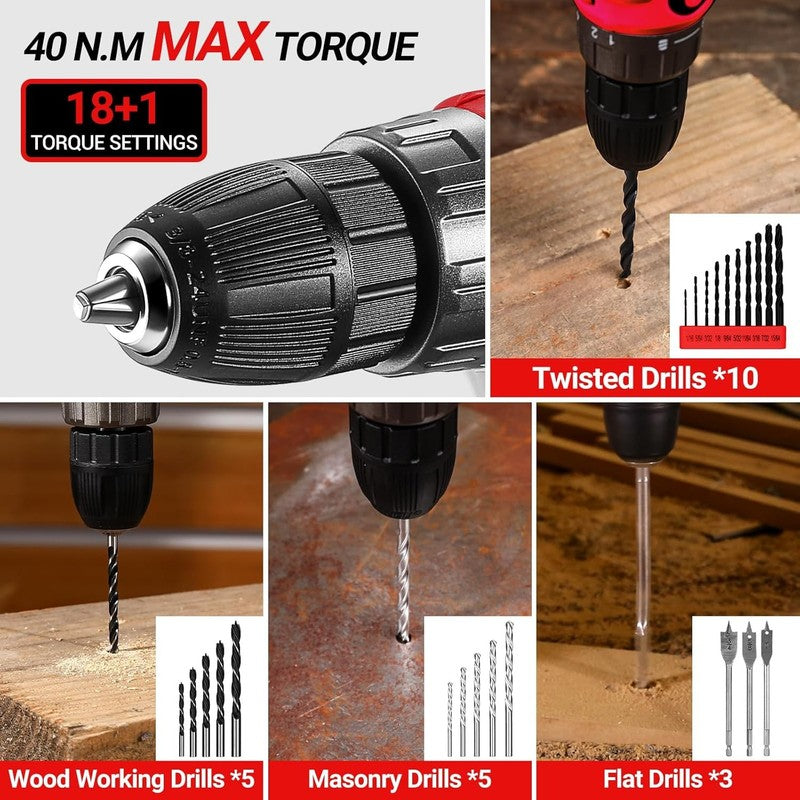 20V Cordless Drill Tool Kit Red Electric Drill Driver Home Repair Toolbox4