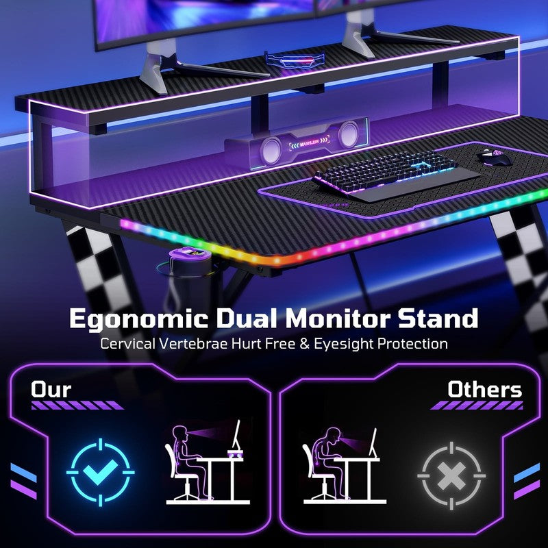43" X-Shaped Gaming Desk Music Sync LED with Monitor Stand White Racing1