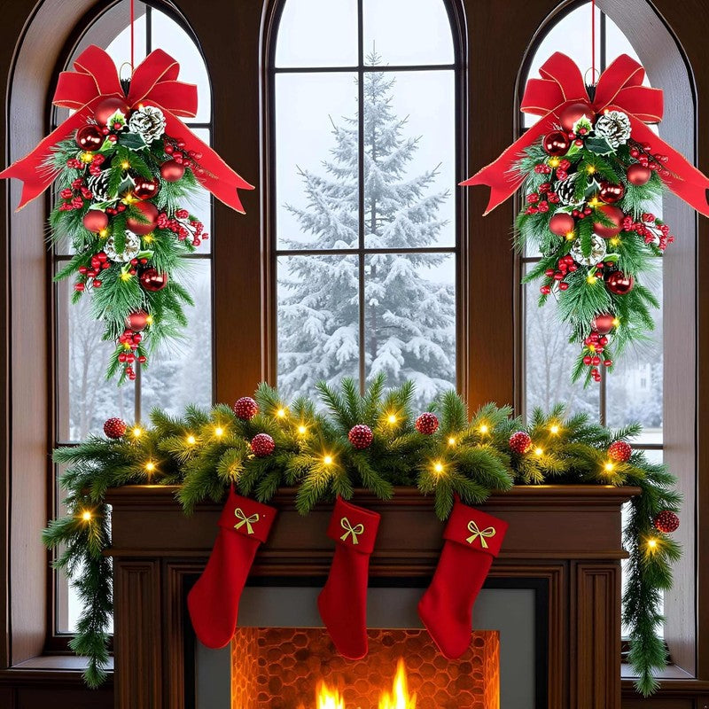 24" Pre-Lit Christmas Teardrop Swag Battery Operated Red Bow Pinecones Berries2