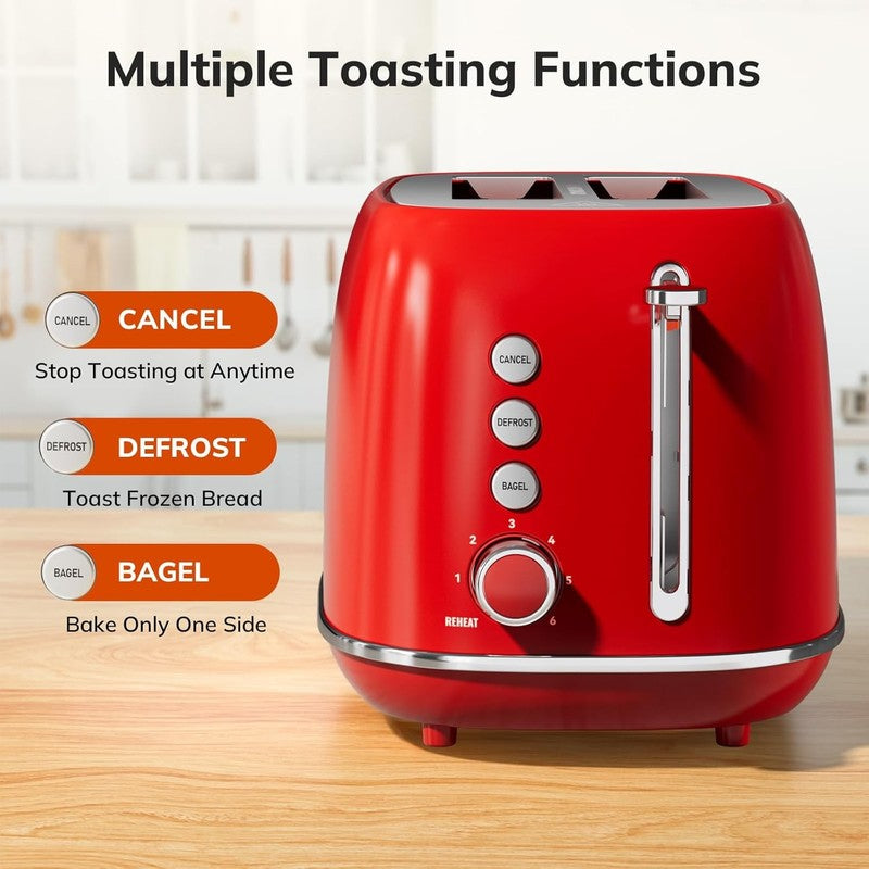 Retro 2 Slice Toaster Red - Wide Slot, Bagel, Defrost, 6 Shade, Crumb Tray1