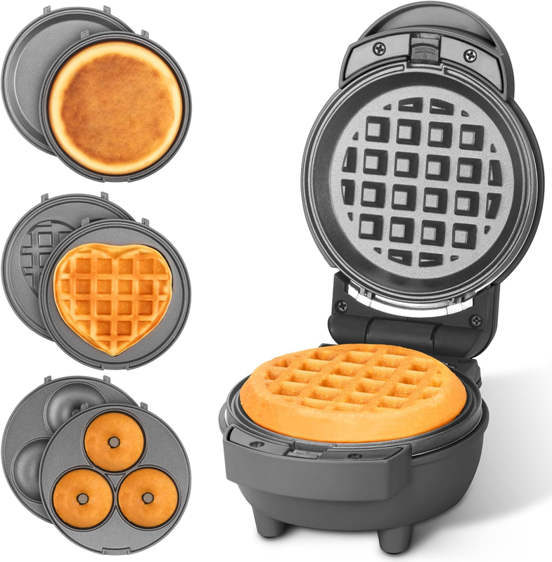 4-in-1 Mini Waffle Maker Pancake Donut Heart Waffles Removable Plates Graphite0