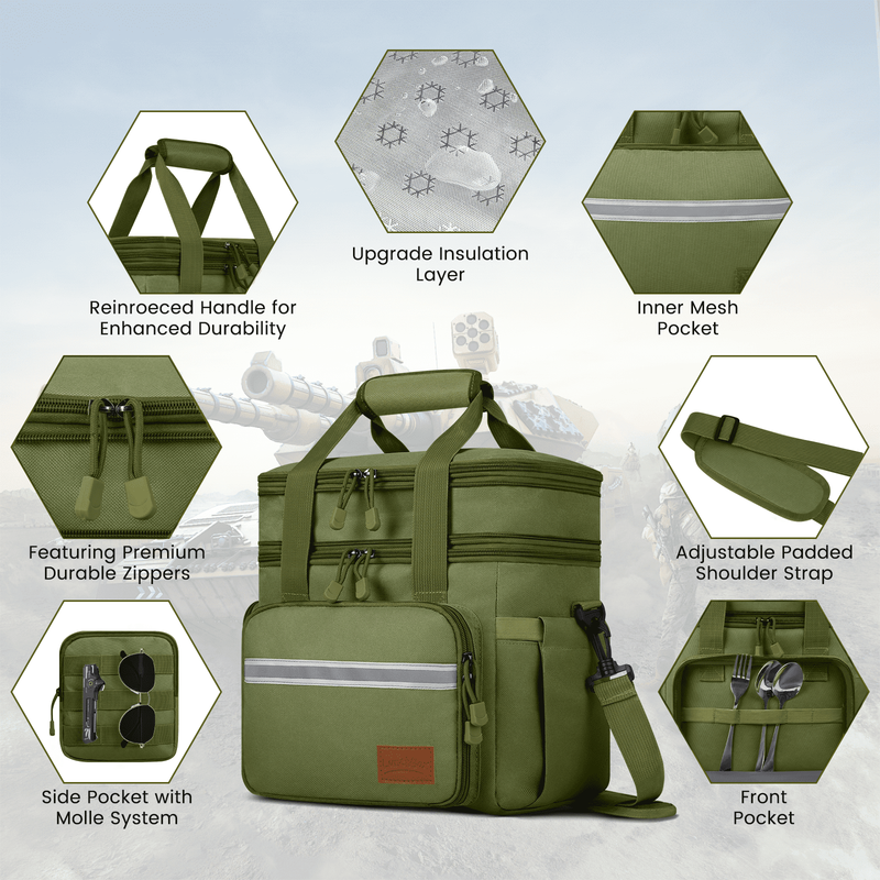 24L Insulated Lunch Bag Double Deck Cooler Tote Leakproof Work Beach Green3