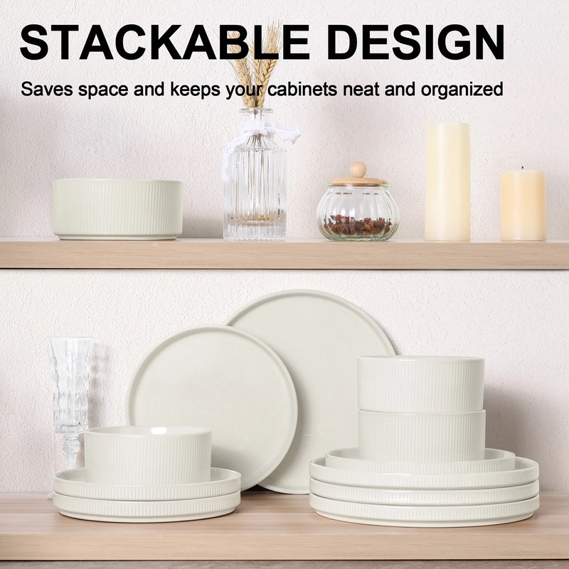 12Pc Stoneware Dinnerware Set for 4 Ribbed Plates Bowls Speckled White7