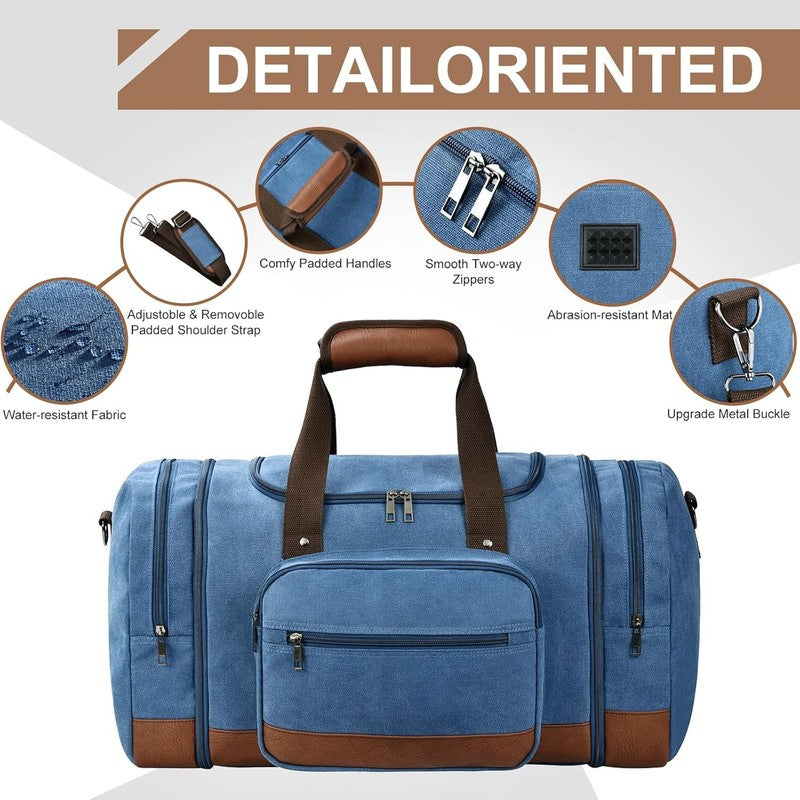 50L Canvas Travel Duffle Bag Blue Overnight Weekender Gym Carry On4