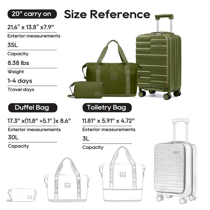 3 Piece Front Opening Cover Carry On Luggage Side Hooks TSA Lock Spinner Wheels 5