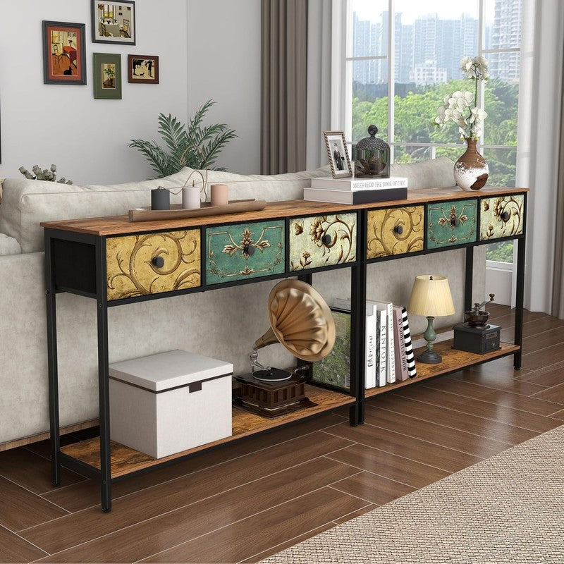 Entryway Console Table Rustic Brown Boho Sofa Table 3 Fabric Drawers Shelf3