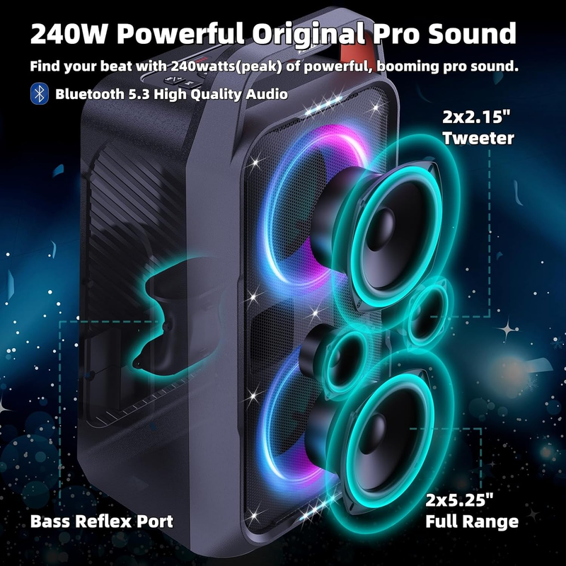 Wireless Boombox Speaker 240W Powerful Bass LED Light Party Outdoor Speaker1