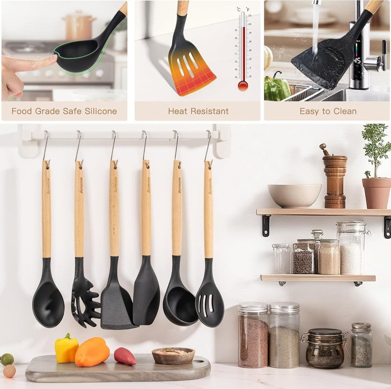 39 PCS Kitchen Utensils Set, Silicone Cooking Utensil Sets with Wooden Handle, 46
