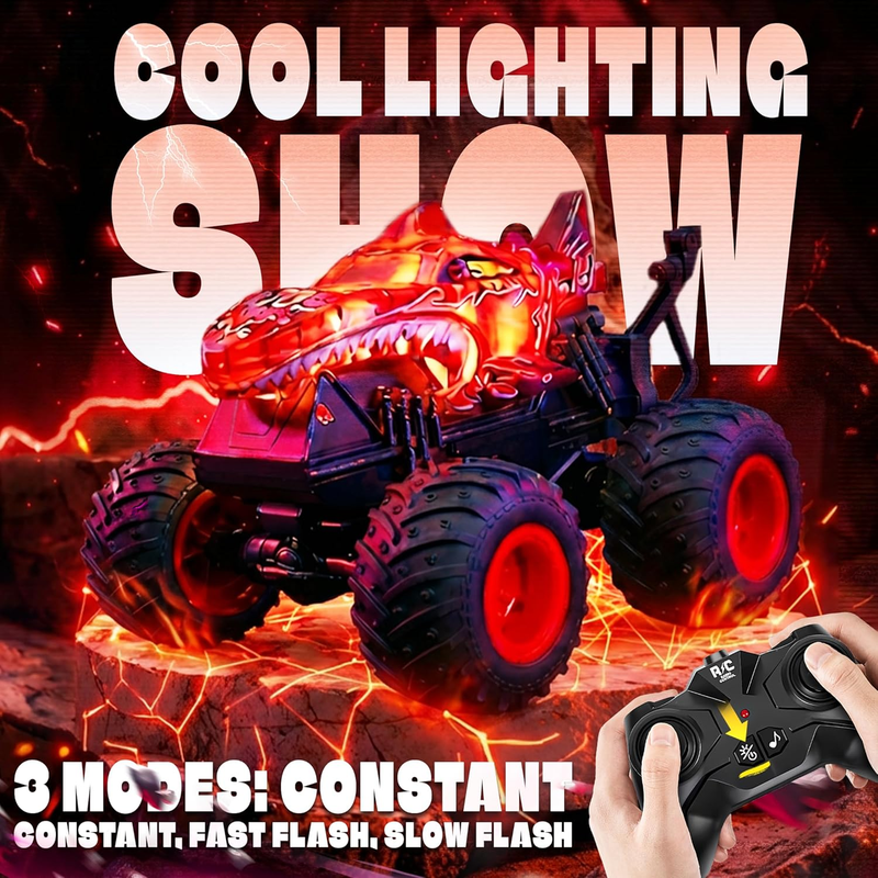RC Monster Truck Toy Dinosaur Car 1:20 Scale Light Music 3° Spin Drift Red2