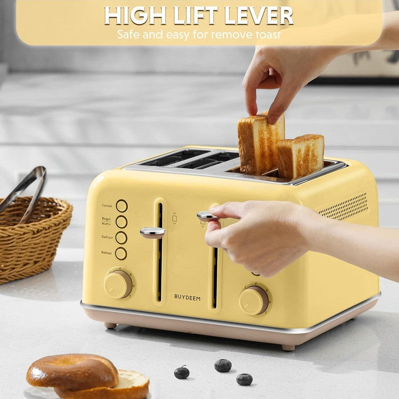 Retro 4 Slice Toaster 1800W Extra Wide Slots 7 Shade Bagel Stainless Yellow4