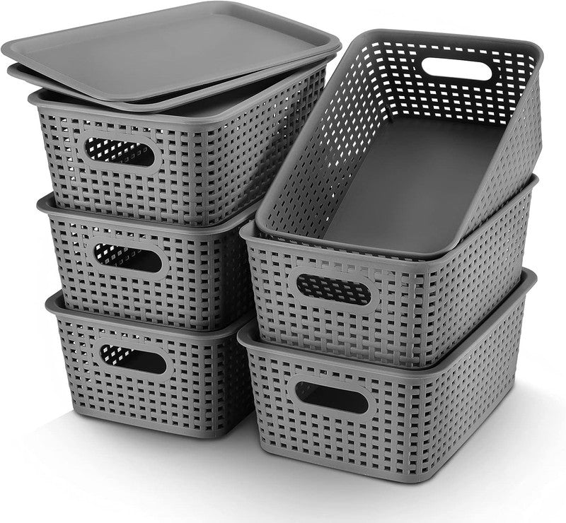 6 Pack Plastic Storage Bins with Lids, Stackable Organizer Baskets Grey7
