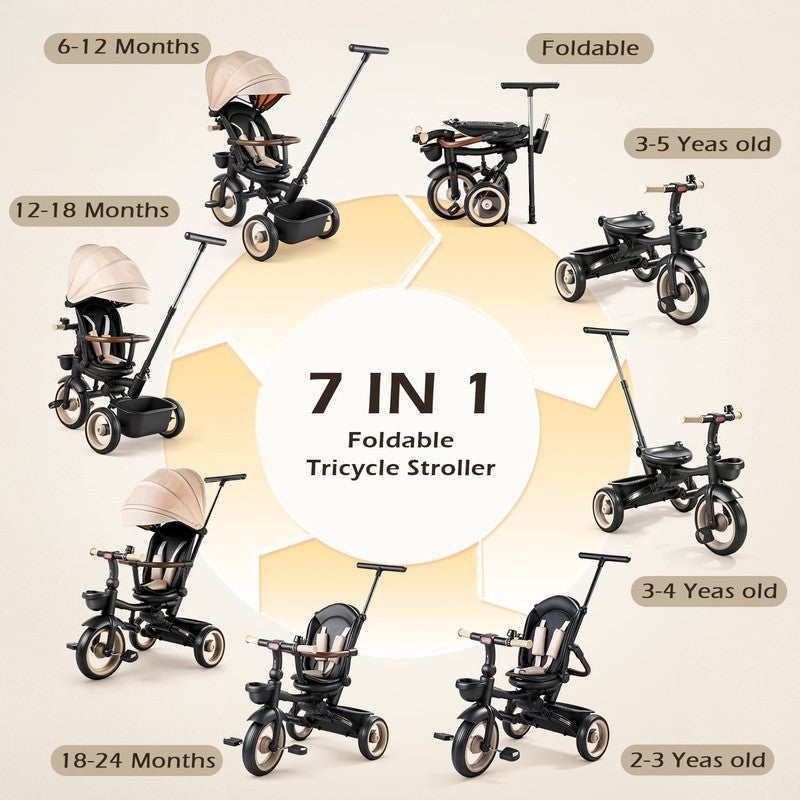 7 in 1 Foldable Tricycle Stroller for Toddler, Baby Tricycle with Adjustable Can2