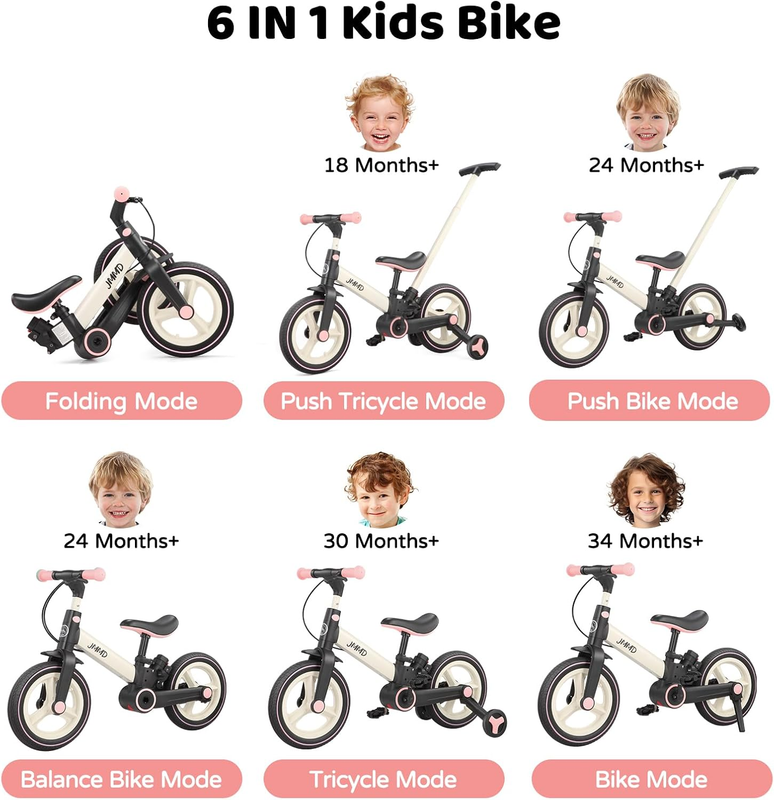 6-in-1 Toddler Bike 12" Balance Bike Push Handle Training Wheels Kids1