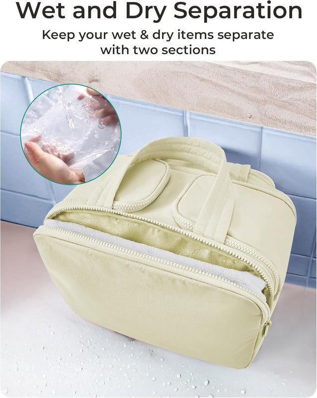 Travel Toiletry Bag Large Wide-Open Puffy Cosmetic Organizer for Women Beige3