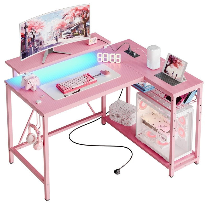 42" L-Shaped Computer Desk LED with Power Outlets & Monitor Stand Pink7
