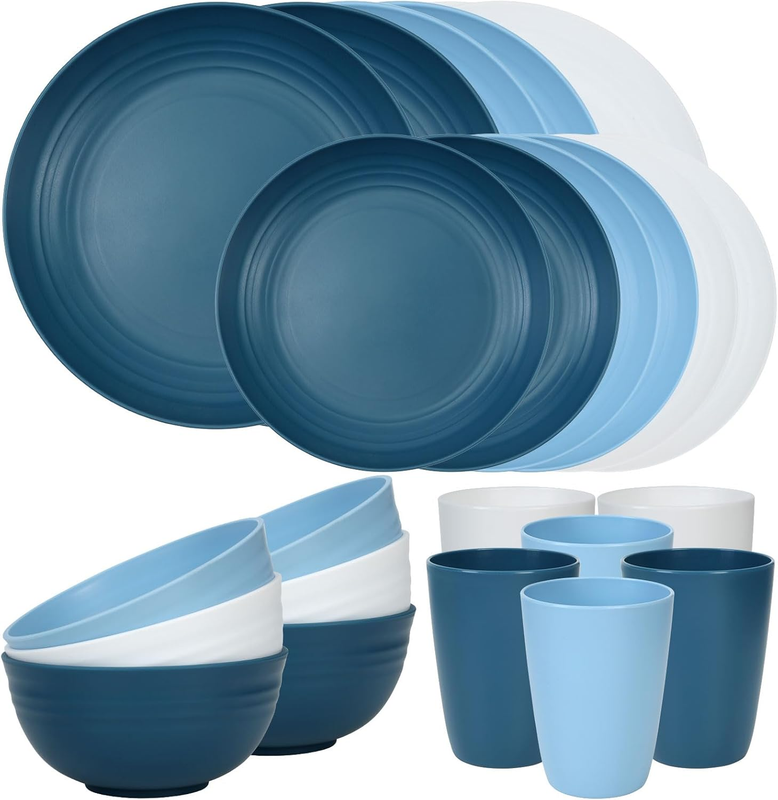 24 Piece Unbreakable Dinnerware Set Plates Bowls for 6 Camping Blue9