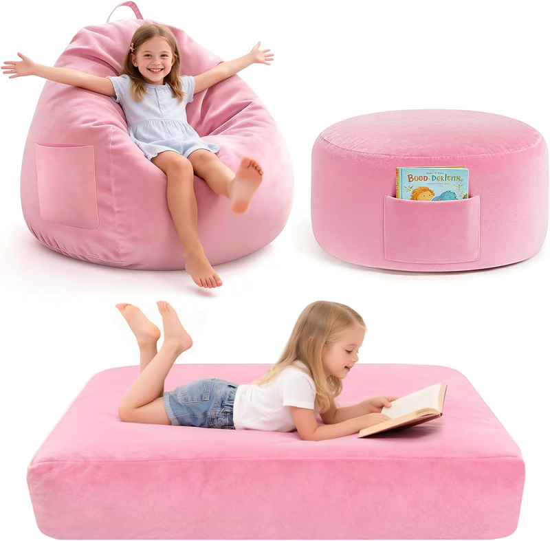 Kids Bean Bag Chair Bed Convertible Beanbag Sofa Bed Corduroy Pink10