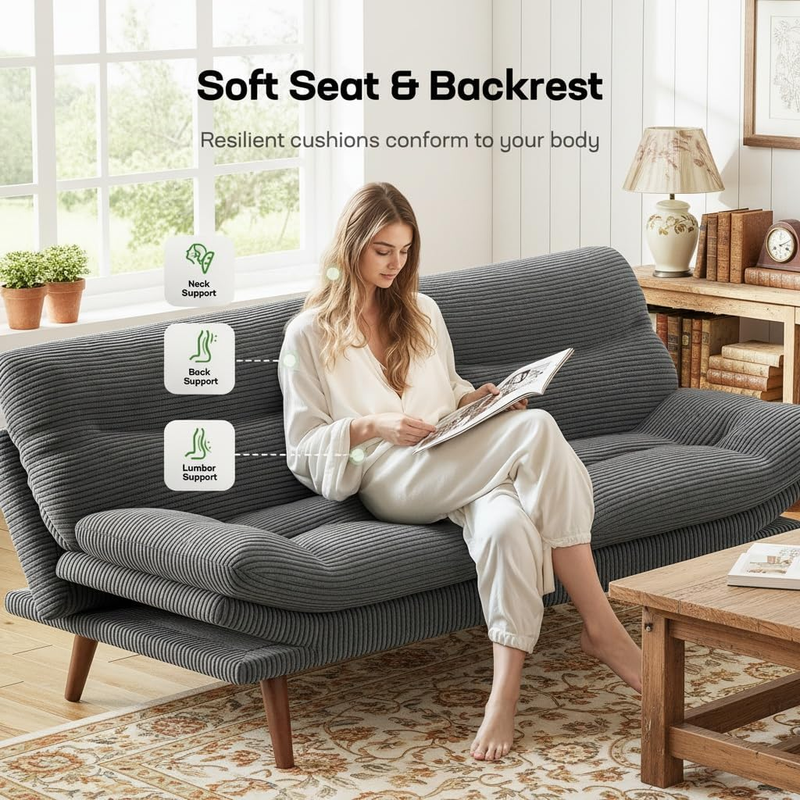 66in Futon Sofa Bed Convertible Corduroy Sleeper Loveseat Adjustable Light Gray3