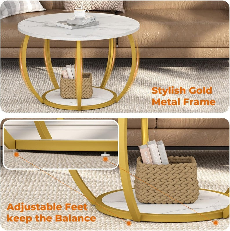 Round 2 Tier Coffee Table with Storage 27.6" Adjustable Feet, Marble3