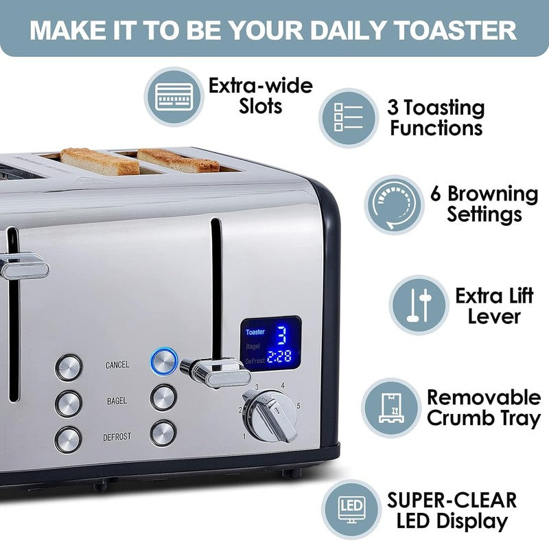 4 Slice Black Stainless Steel Toaster LED Wide Slots Bagel Defrost Cancel1
