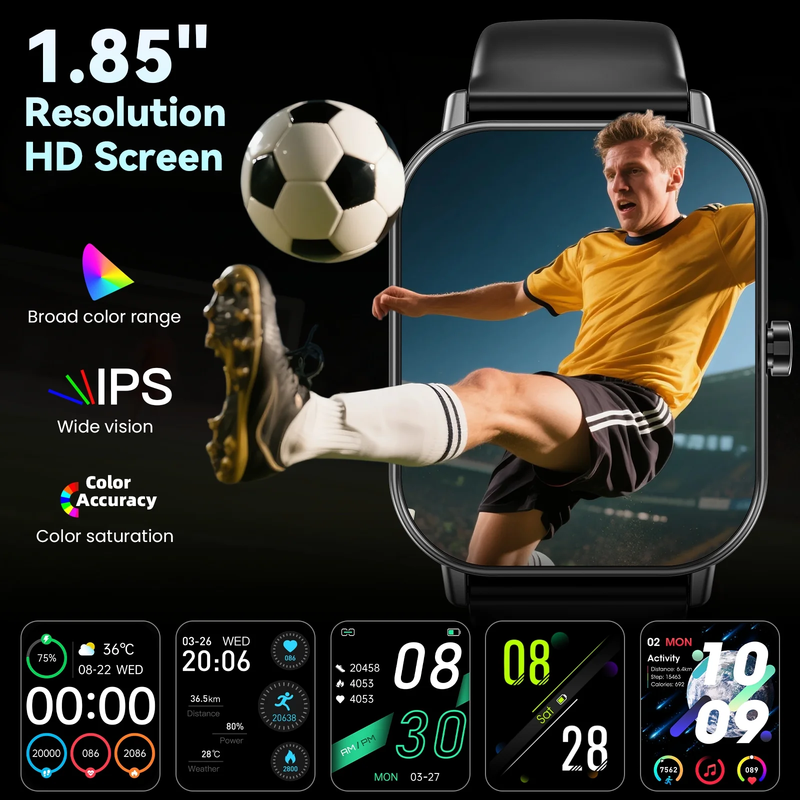 1.85" Smart Watch Android iPhone Call Fitness Tracker IP68 Black2