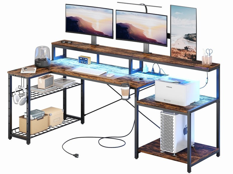 71" L-Shaped Gaming Desk LED with Power Outlets, Monitor Stand Rustic6
