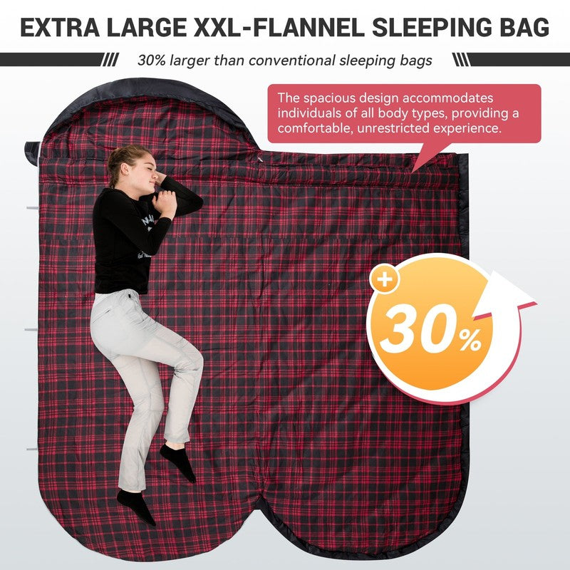 XL Cotton Flannel Sleeping Bags, Oversized Weatherproof 3-Season Sleep Bag with 3