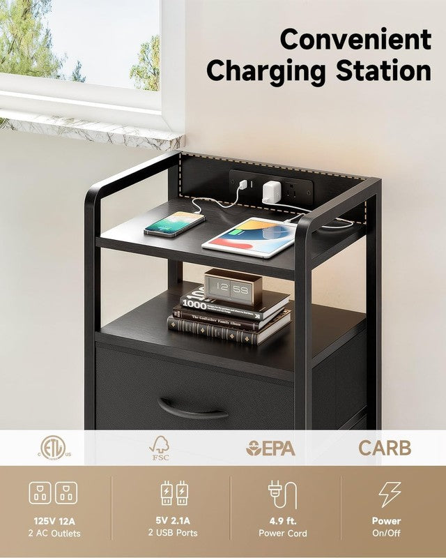 Nightstand w/ Charging Station LED Light 2 Fabric Drawers USB & AC Outlets4