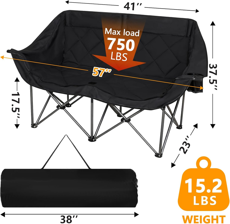 Double Camping Chair 2-Person Oversized Folding Loveseat Heavy Duty 750LBS2