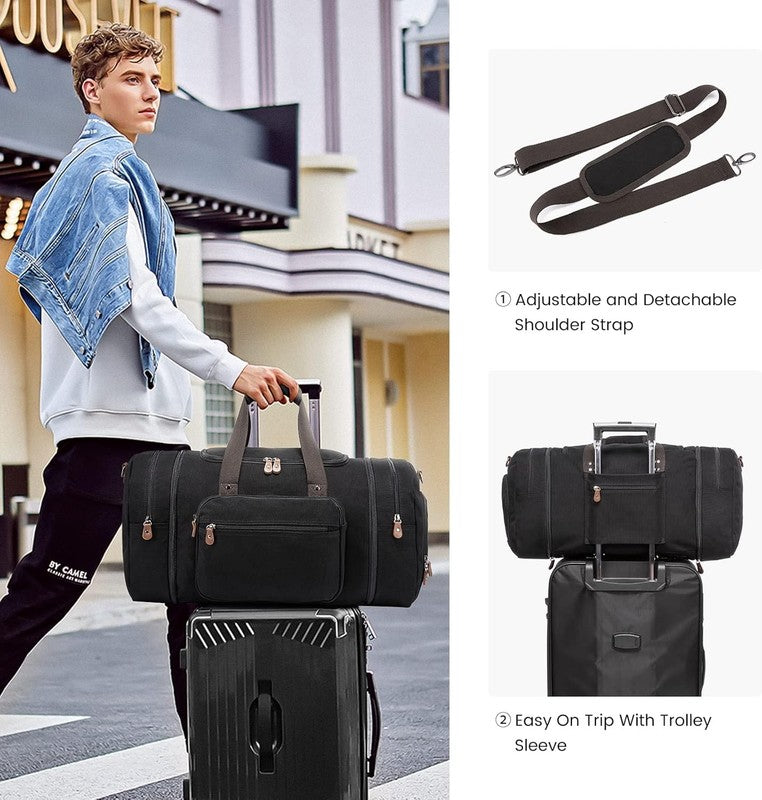 Canvas Travel Duffle Bag Black Carry On w/ Shoe Compartment Toiletry6