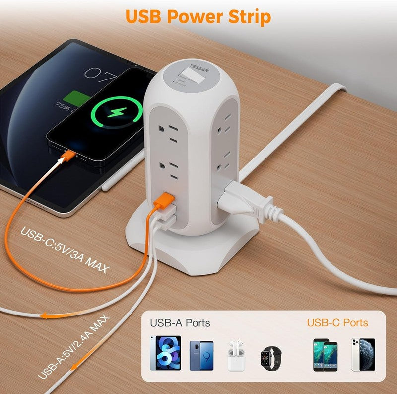 Tower Power Strip Flat Plug with 11 Outlets 3 USB (1 USB C),  Surge Protector To2