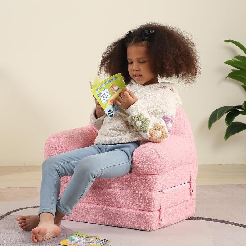 Kids Sherpa Sofa w/ Tri Layer Foam Cushions, Comfy Toddler Seating, Pink1