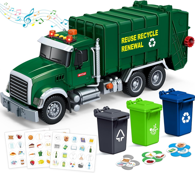 15 Inch Garbage Truck Toy with Sound Lights Trash Bins Learning Cards for Kids A9