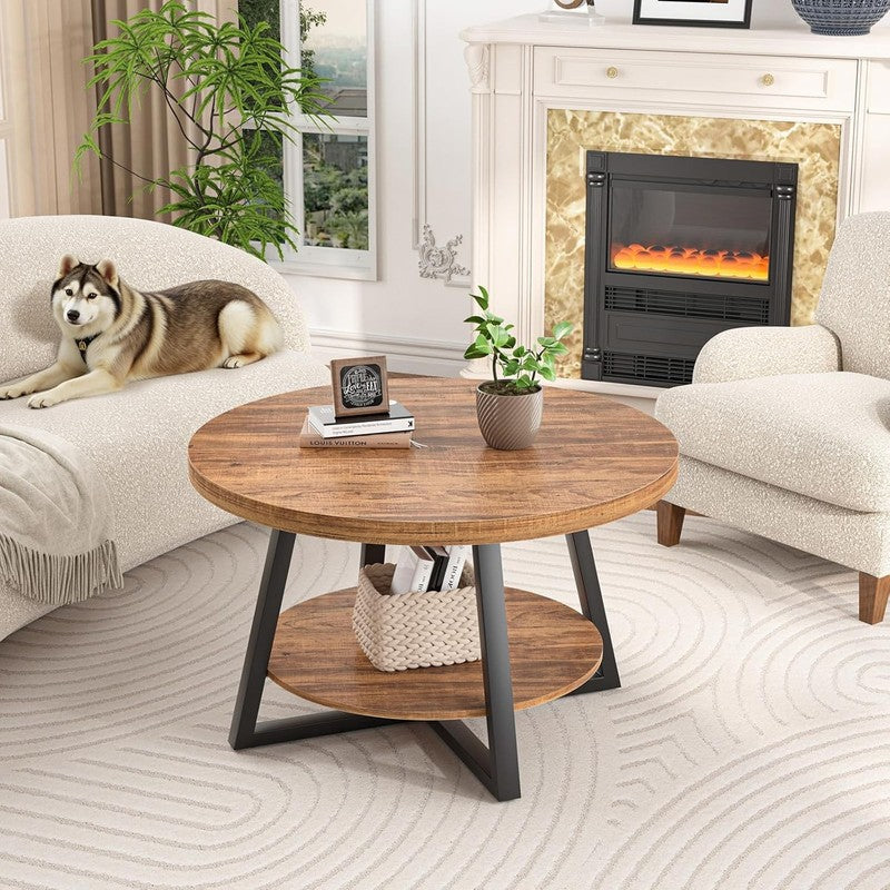 Round Coffee Table with Storage 30in Walnut Modern4