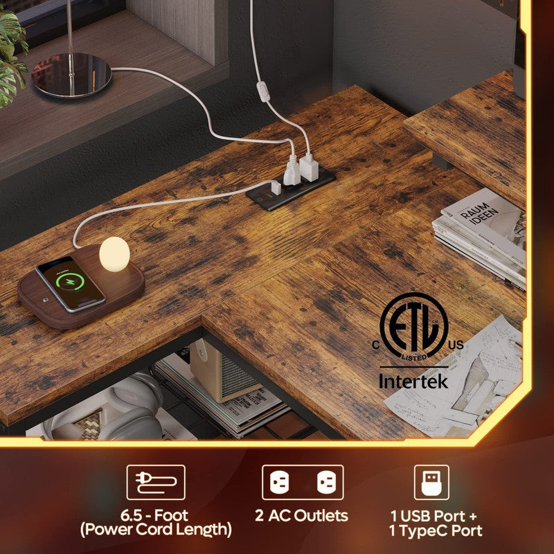 42" L-Shaped Computer Desk LED with Power Outlets & Monitor Stand Rustic1