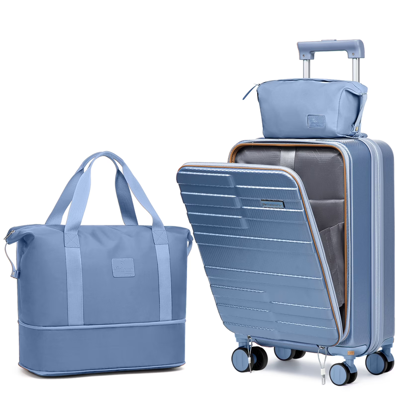3 Piece Front Opening Cover Carry On Luggage Side Hooks TSA Lock Spinner Wheels 6