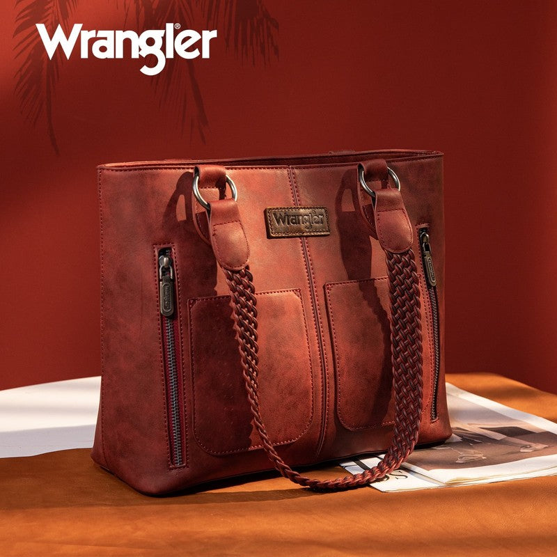Wrangler Distressed Tote Bag Women Western Purse Multi Pocket Shoulder Bag Red3