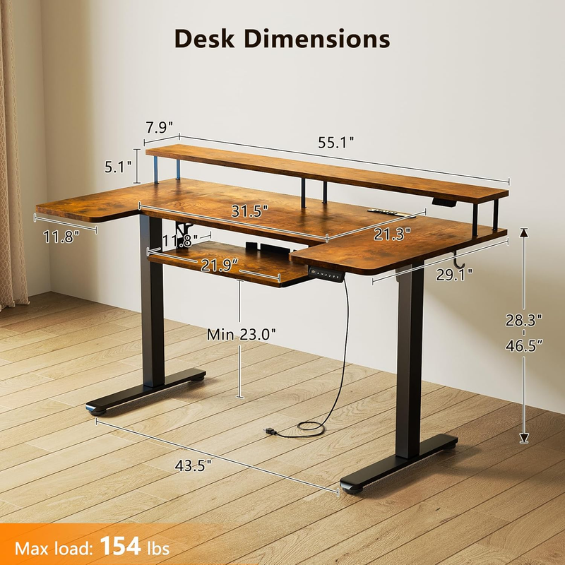 55" U Shaped Electric Standing Desk w/ Keyboard Tray Rustic Brown2