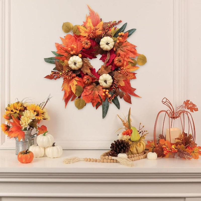 21" Fall Wreath Thanksgiving Pumpkin Maple Leaves Autumn Door Decor6