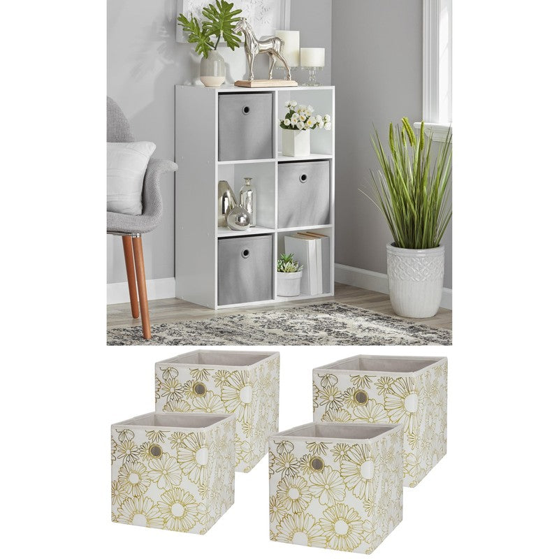 6 Cube Storage Organizer, White and  Collapsible Fabric Cube Storage Bins (10.5"0