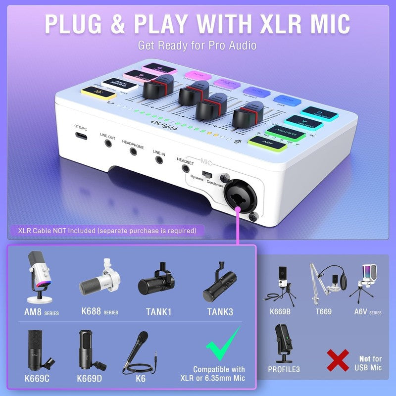 Audio Mixer Gaming Streaming PC Mixer w/ Slider Fader XLR Interface SC3W6