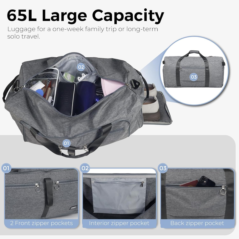 65L Travel Duffel Bag Foldable w/ Shoe Compartment Water Resistant Gray3