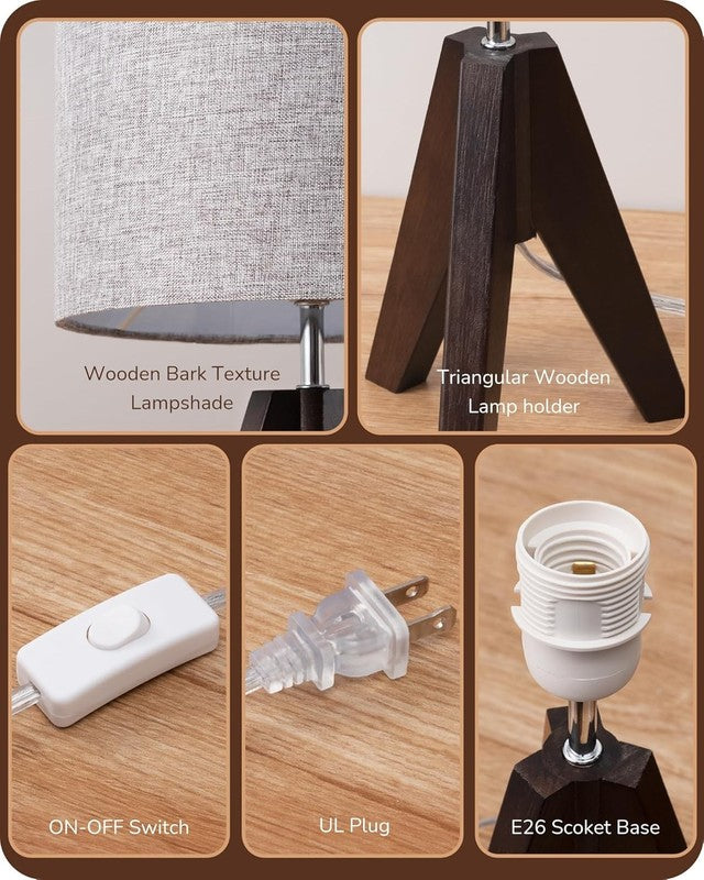 Boho Small Table Lamp Wooden Tripod Bedside Lamp Grey Linen Shade E26 14.2in3