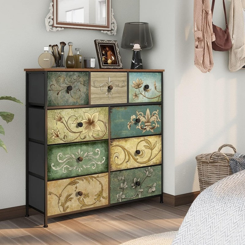 9 Drawer Fabric Dresser Retro Floral Chest Storage Organizer for Bedroom Closet3