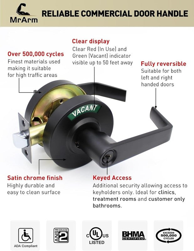Keyed Entry Privacy Indicator Lock, Large Grade 2 Commercial Door Handle, Bathro2